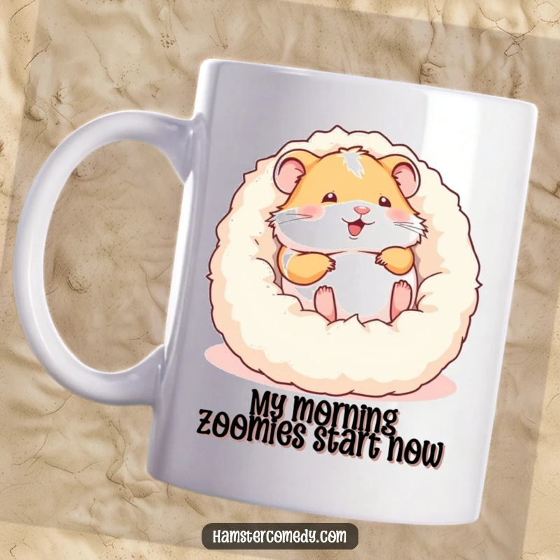 Funny mug featuring a happy hamster gleefully rolling in a soft, fluffy bed, embodying pure joy and silliness.