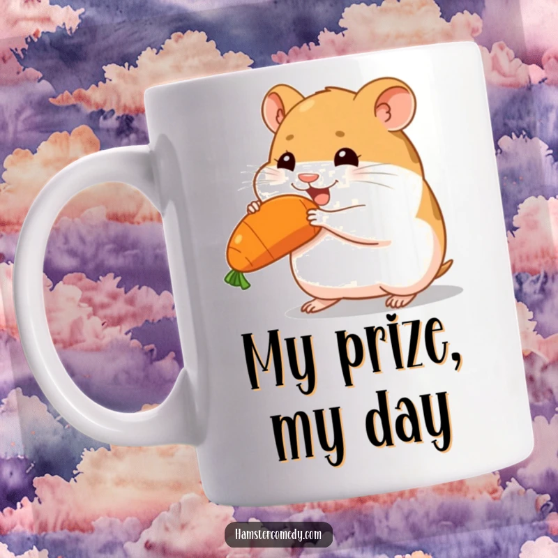 Funny hamster joyfully carrying a large carrot with determination, focused expression, humorous mug, perfect funny gift.