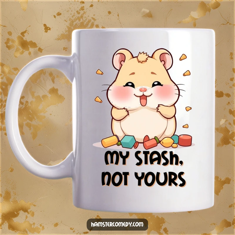 Funny Hamster Mug with full cheeks comically trying to hoard items, adorable and relatable for collectors.