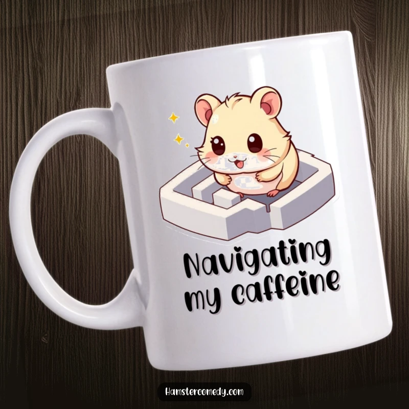 Funny hamster mug showing a character with sparkling eyes excitedly exploring a miniature maze, embodying curiosity, great gift.