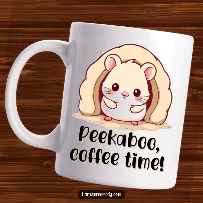 Funny Kawaii Hamster Mug showing a cute hamster peeking from a cozy burrow, perfect gift for pet lovers.