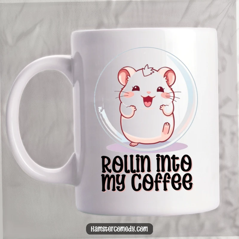 Funny Hamster Mug, an excited character squeaking while happily rolling inside a transparent ball.