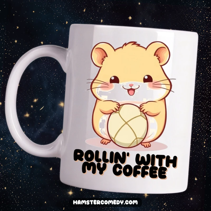 Funny Kawaii Hamster Mug: Cute hamster focused on rolling a small ball with its paws, showing concentration and playful effort.