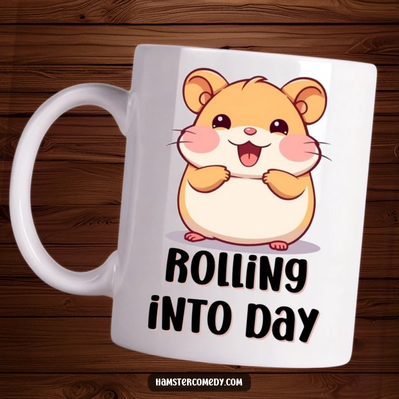 Funny Kawaii Hamster Mug depicting a cute hamster gleefully doing a happy roll, conveying pure joy and fun.