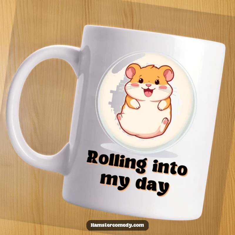 Funny mug graphic of a hamster joyfully spinning inside a large, transparent exercise ball, showcasing uncontainable glee.