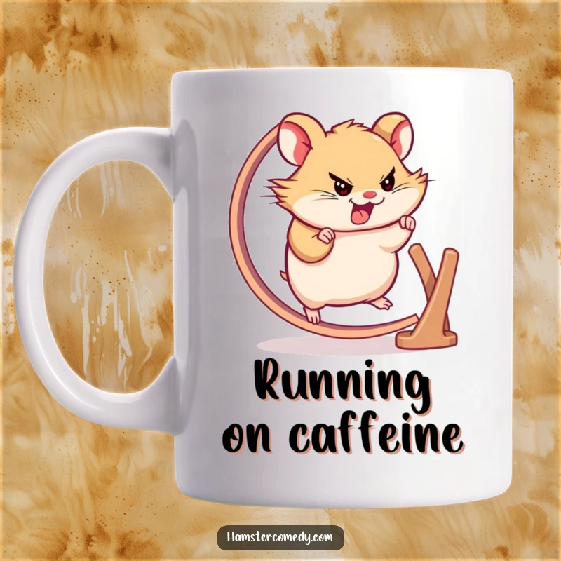 Funny hamster mug showing a determined tiny character sprinting on a spinning wheel, embodying motivation, great gift.