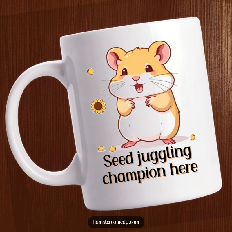 Funny Hamster Mug with a cute hamster expertly juggling a pile of sunflower seeds, looking focused and adorable.