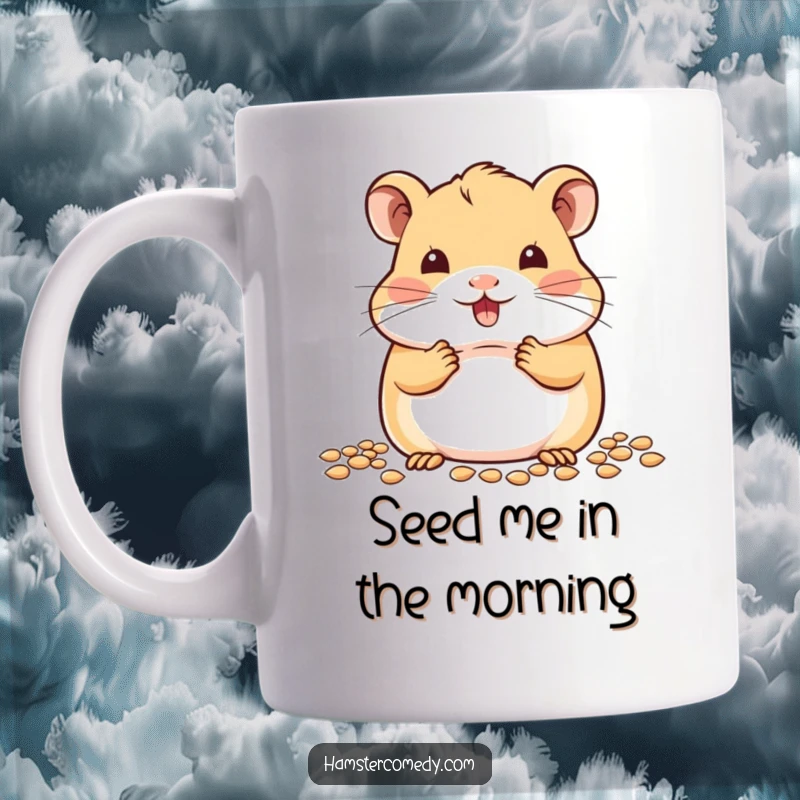 Funny kawaii hamster character with incredibly full cheeks, happily stuffing more seeds, printed on a cute mug.