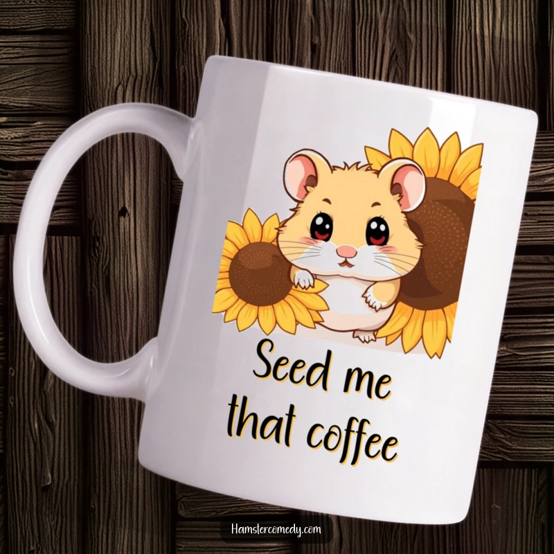 Funny hamster with wide eyes peeking from behind a large sunflower seed on a mug, great funny gift.