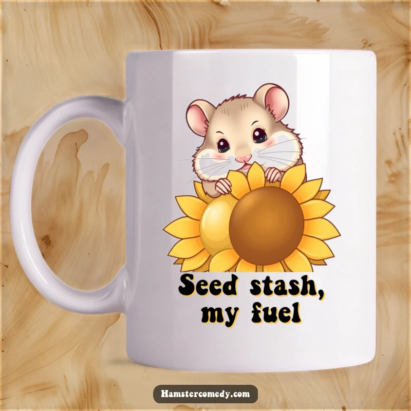 Funny hamster mug with a curious head tilt, happily nibbling a giant sunflower seed, showcasing delightful and humorous pet personality.