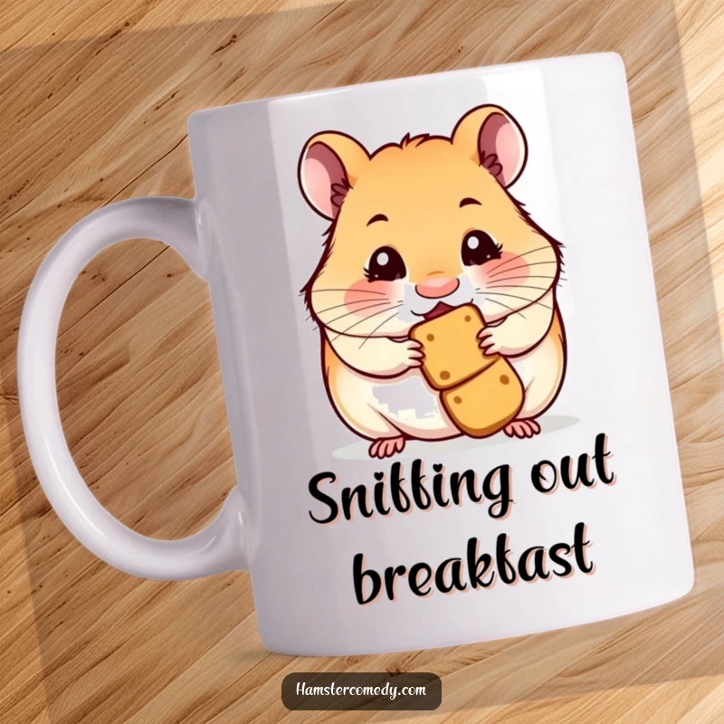 Cute hamster with nose twitching, eagerly smelling a delicious treat, depicted humorously on a mug.