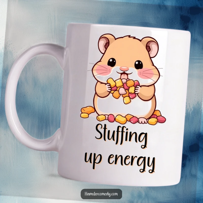Funny Kawaii Hamster Mug: A cute hamster is depicted with its cheeks stuffed full of treats, embodying a love for snacks.