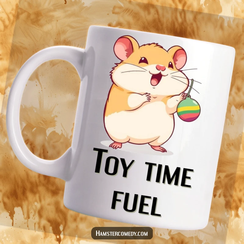 Funny hamster mug, batting at a dangling toy with excitement, showing playful energy, a cute and humorous gift for pet owners.