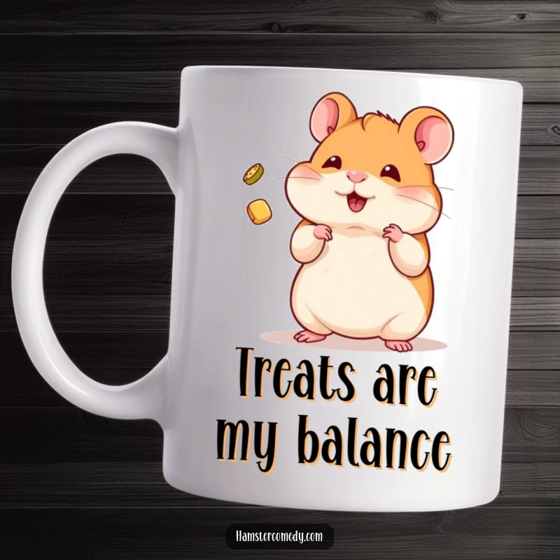 Funny Mug showing a kawaii hamster skillfully juggling a small, tempting treat.