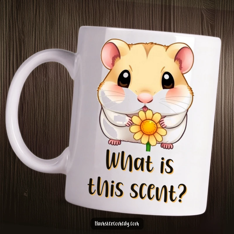 Funny hamster mug showing a wide-eyed hamster intently and curiously sniffing a colorful flower with adorable fascination.