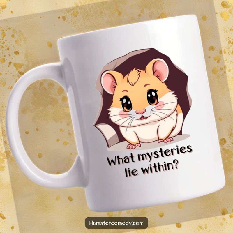 Funny hamster mug with wide, curious eyes peering into a small hole, conveying a sense of playful exploration and intrigue.