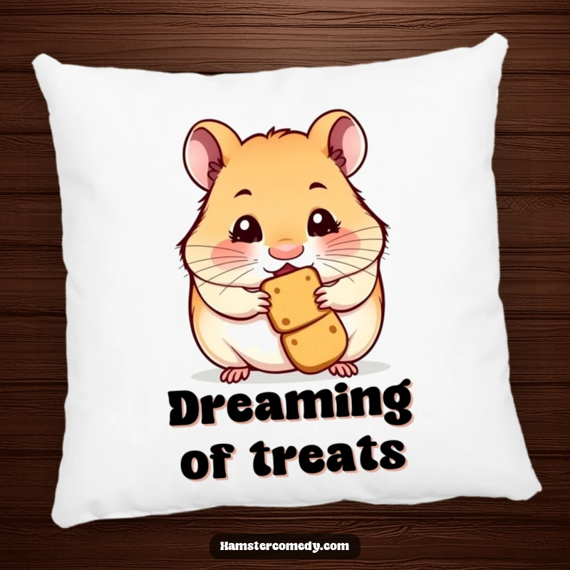 Soft pillow featuring a funny hamster with a twitching nose, smelling an irresistible treat, offering comfort and humor.