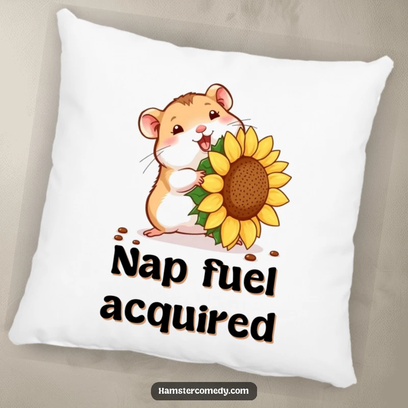 Funny hamster seed struggle pillow, showing a tiny hamster with a huge sunflower seed. Soft and humorous funny gift.