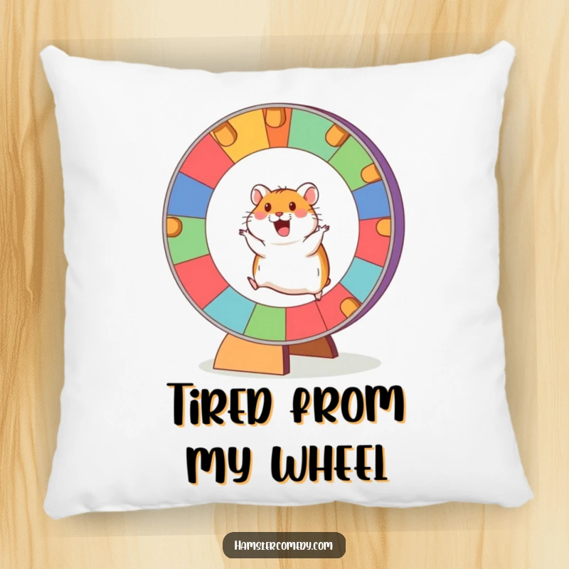 Funny Hamster Pillow with an excited hamster running on a giant, colorful wheel, soft and comforting.