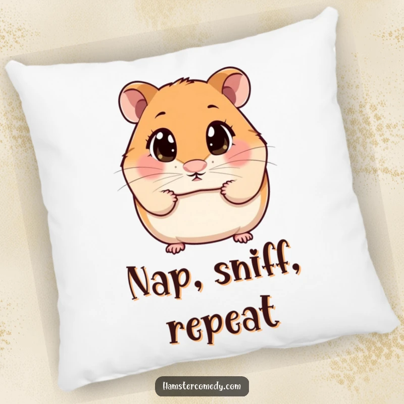 Funny Pillow featuring a kawaii hamster with wide, curious eyes sniffing the air, offering comfort and charm.