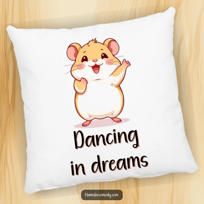 Soft pillow featuring a funny hamster doing a happy dance with paws raised, offering comfort and energetic humor.