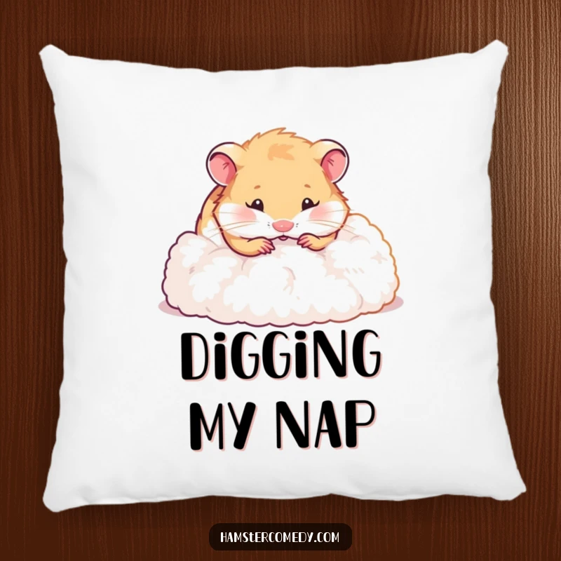 Funny hamster pillow showcasing a happy hamster burrowing with gusto into a large, soft heap of fluff, looking utterly content.