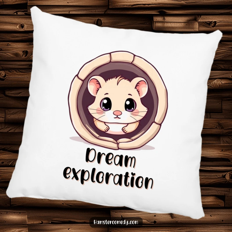 Funny kawaii hamster pillow featuring a cute hamster with big, curious eyes exploring a tunnel, offering comfort and charm.