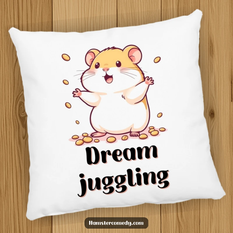 Funny kawaii hamster pillow featuring a cute hamster playfully juggling tiny seeds, offering comfort and a dose of fun.