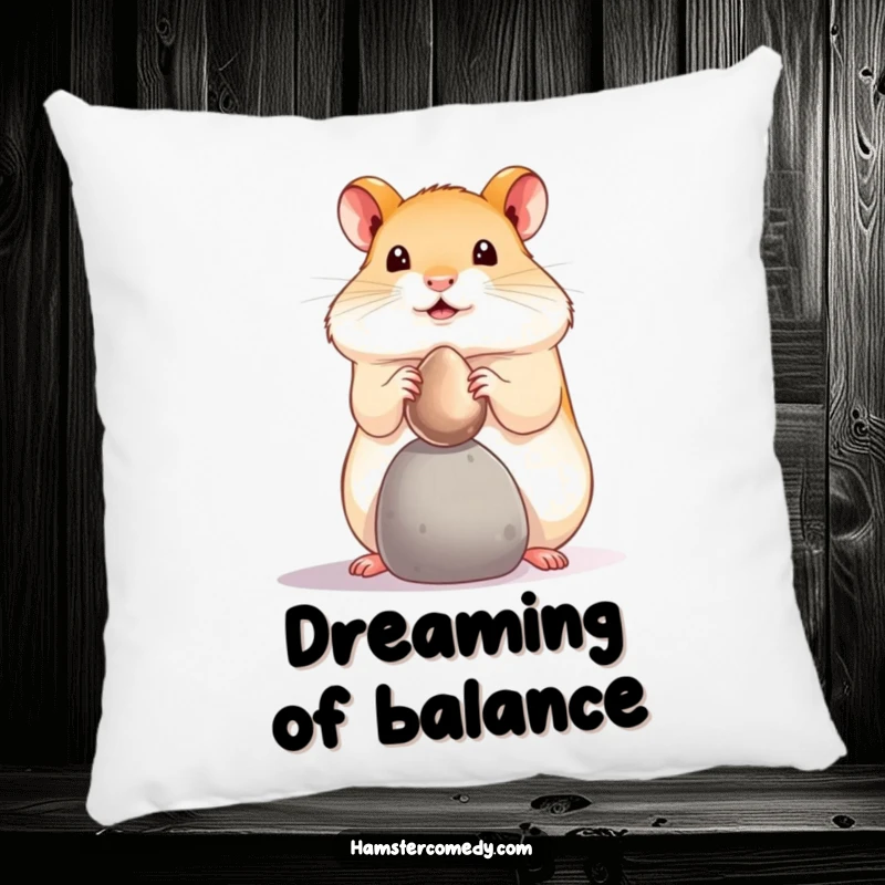 Funny hamster pebble balance pillow, showing a tiny pet balancing a shiny pebble on its nose. Soft and humorous funny gift.