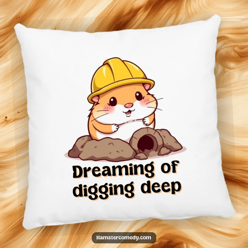 Funny Hamster Pillow: A cute hamster in a construction helmet comically digs a small tunnel, ideal for soft and humorous decor.