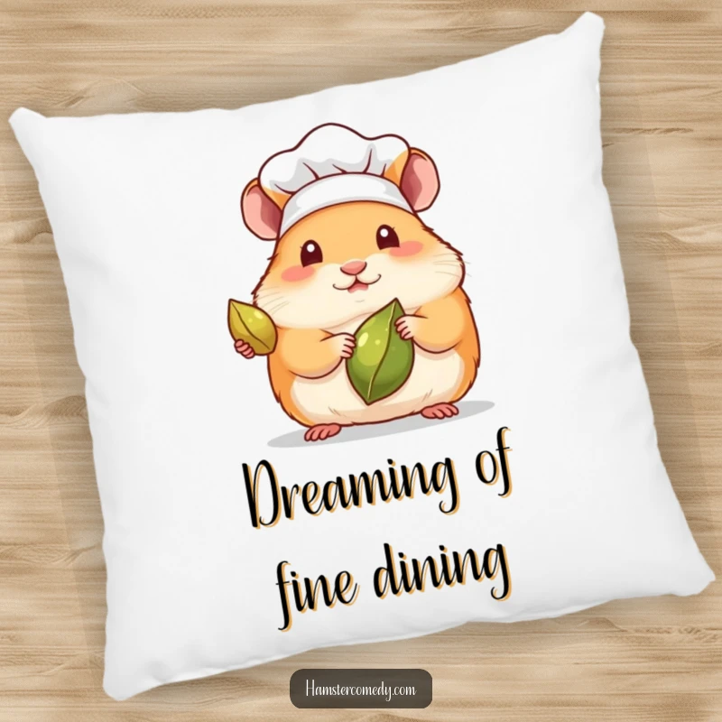 Funny pillow with a kawaii hamster in a chef hat, presenting a single seed like a fine dining dish.