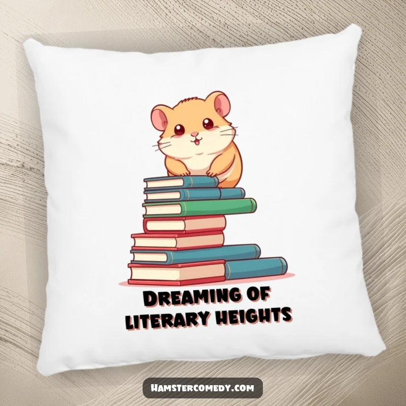Funny Hamster Pillow: A determined hamster humorously climbs a tall stack of tiny books, perfect for cozy and inspiring decor.