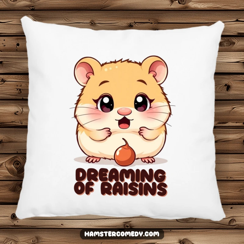 Funny Pillow: A hamster with wide, surprised eyes stares at a dropped raisin, a comical and endearing image for comfort.
