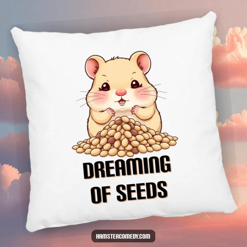 Soft and cozy funny hamster pillow, cheeks comically stuffed with seeds, hoarding a large pile, offering comfort and humor.