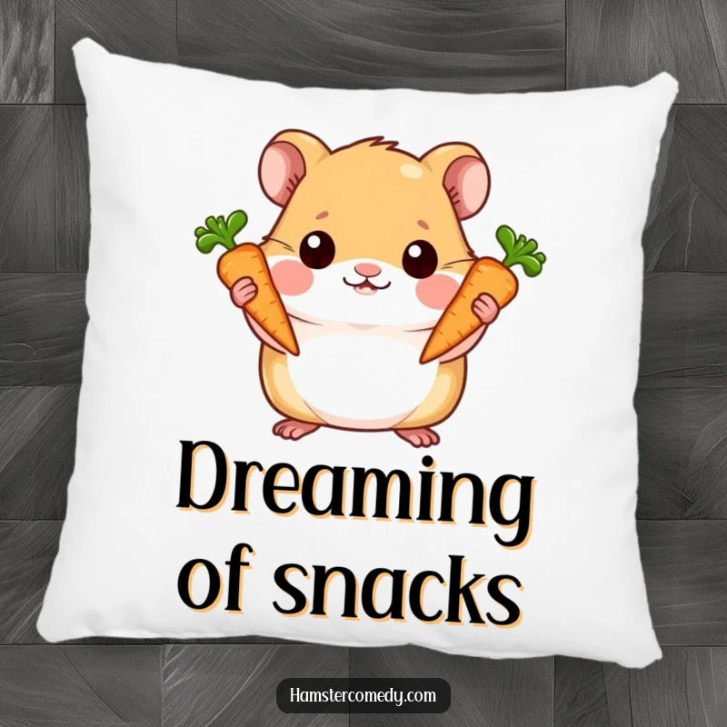 Funny pillow featuring a hamster holding two carrots with undeniable pride, adding a touch of cute accomplishment.