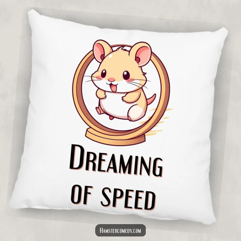 Funny pillow with a kawaii hamster running at top speed on its wheel, adding a touch of humor.