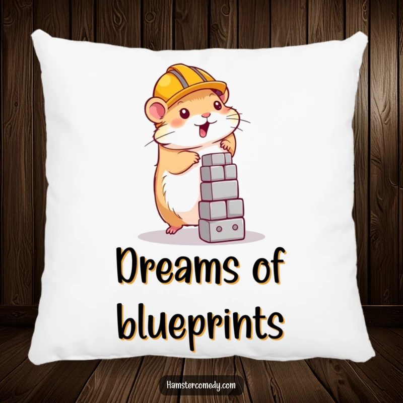 Funny hamster wearing a construction helmet, building a tower, on a soft decorative pillow, ideal gift.