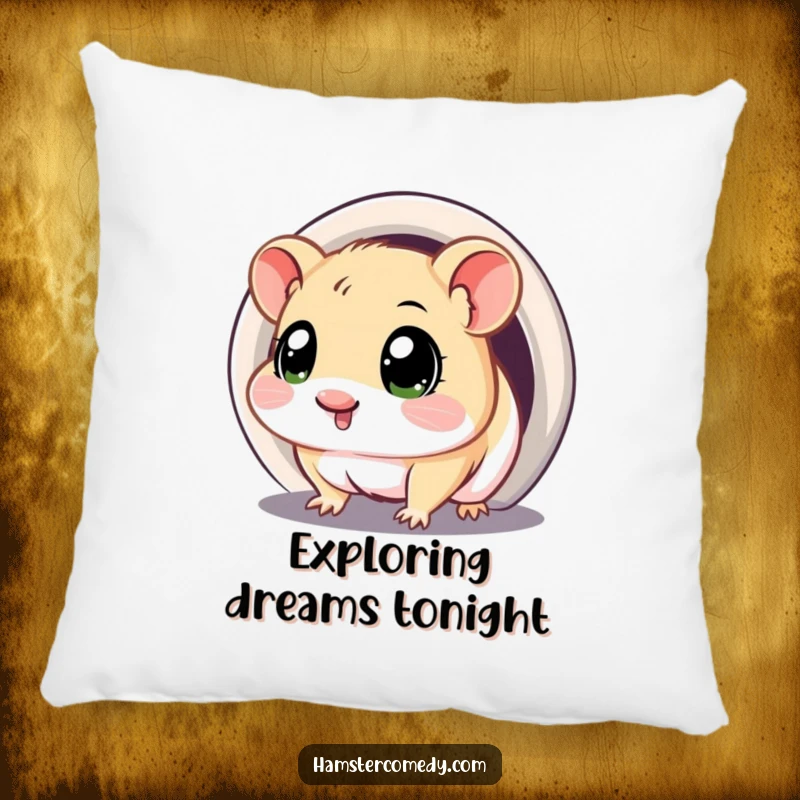 Funny pillow with a kawaii hamster with big, curious eyes, peeking into a dark tunnel.