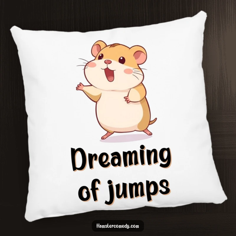 Funny hamster doing a silly hop, back legs out, soft throw pillow, great funny gift.