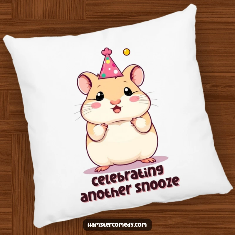 Funny hamster in a party hat, offering comfort on a pillow, perfect for cozy celebrations and as a funny gift.
