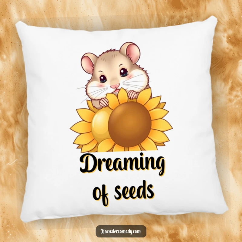 Funny hamster pillow showcasing a curious hamster tilting its head to nibble a comically large sunflower seed, offering comfort and humor.