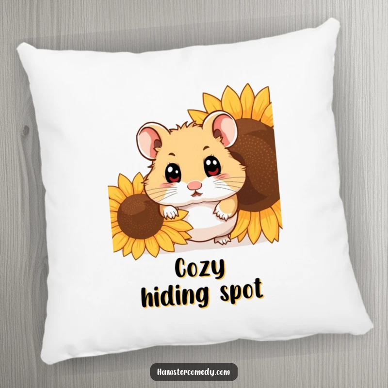 Funny hamster peeking from behind a sunflower seed on a soft decorative pillow, ideal gift.