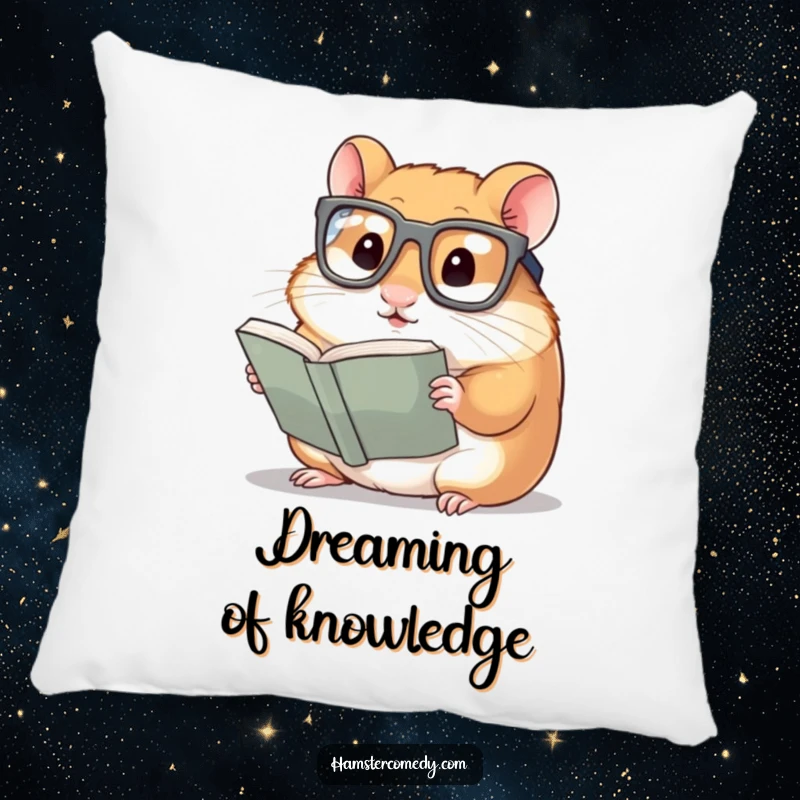 Funny Hamster Pillow: A hamster wearing oversized glasses, intently reading a tiny book, designed for comfort and scholarly humor.
