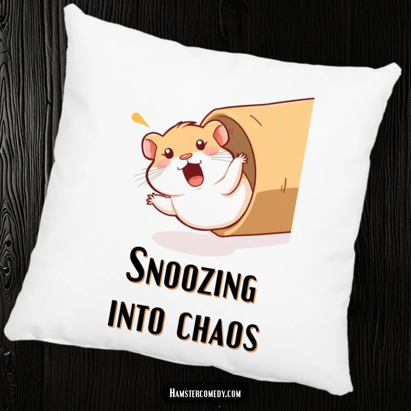 Funny Hamster Pillow: A hamster comically sliding down a cardboard tube with a surprised yelp, designed for comfort and a touch of humor.