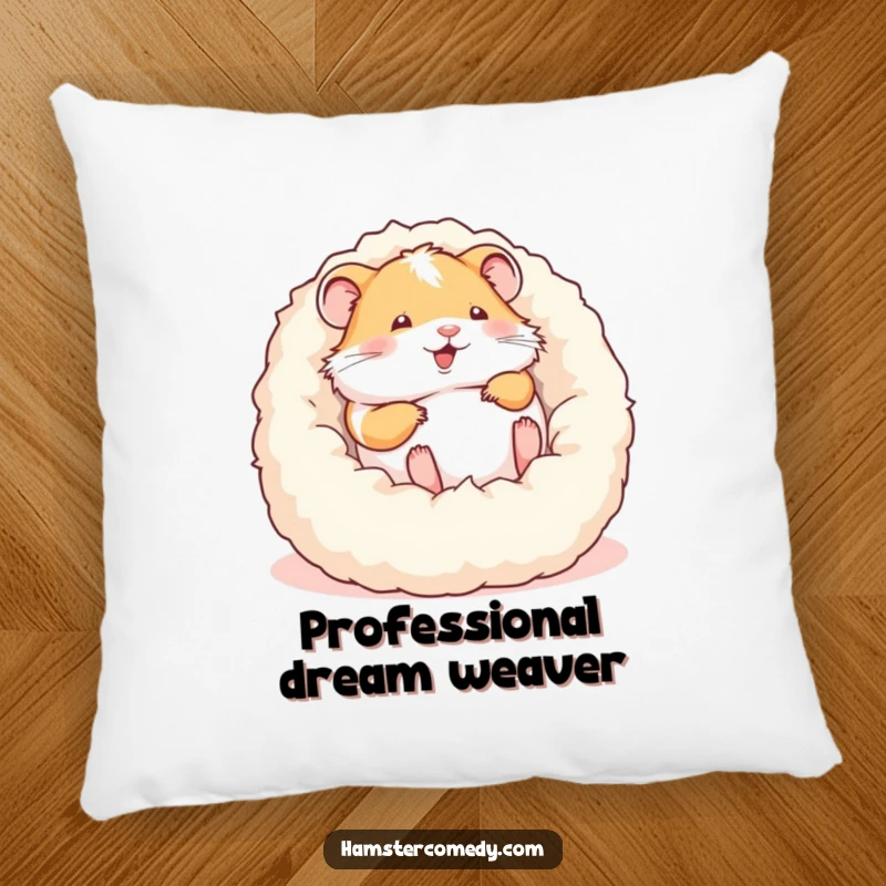 Funny pillow showcasing a hamster blissfully rolling in a soft, inviting bed, perfect for adding humor and comfort.