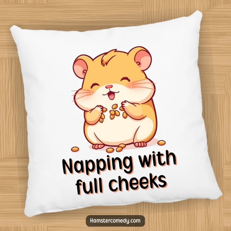Funny Kawaii Hamster Pillow featuring a cute hamster stuffing its cheeks with seeds, offering comfort and humor.