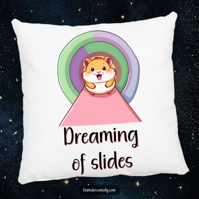 Funny hamster pillow showcasing a smiling hamster sliding with glee down a colorful tunnel, bringing joyful vibes.
