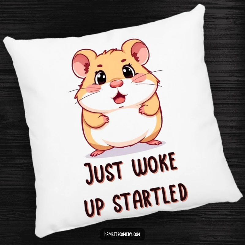 Funny surprised hamster pillow featuring a hamster with a comically shocked expression while scurrying, offering comfort and laughs.