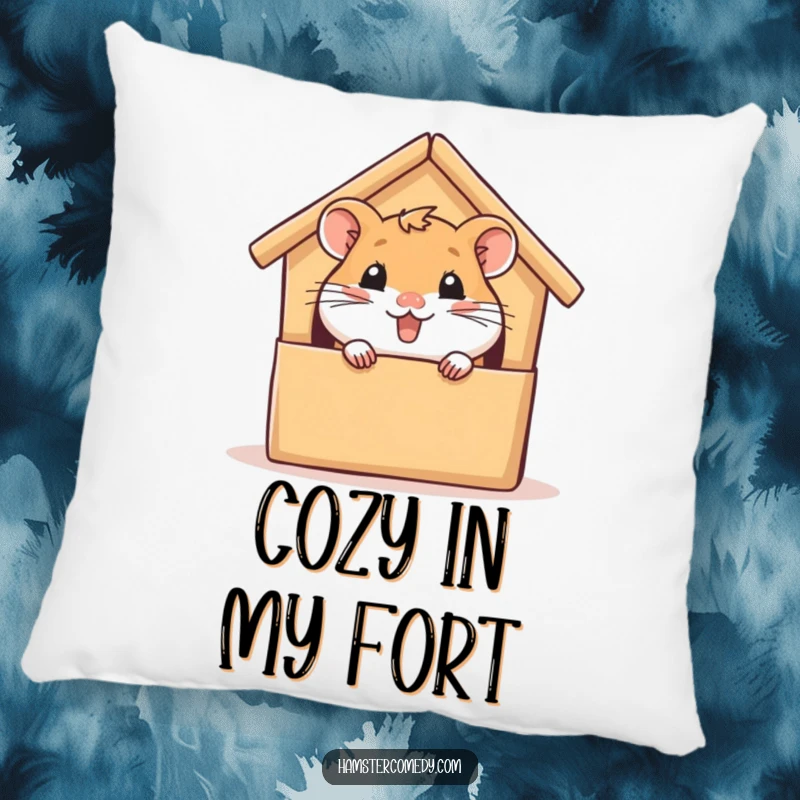 Funny hamster pillow, peeking from a cardboard house with glee, soft and decorative cushion, a humorous and cozy gift.