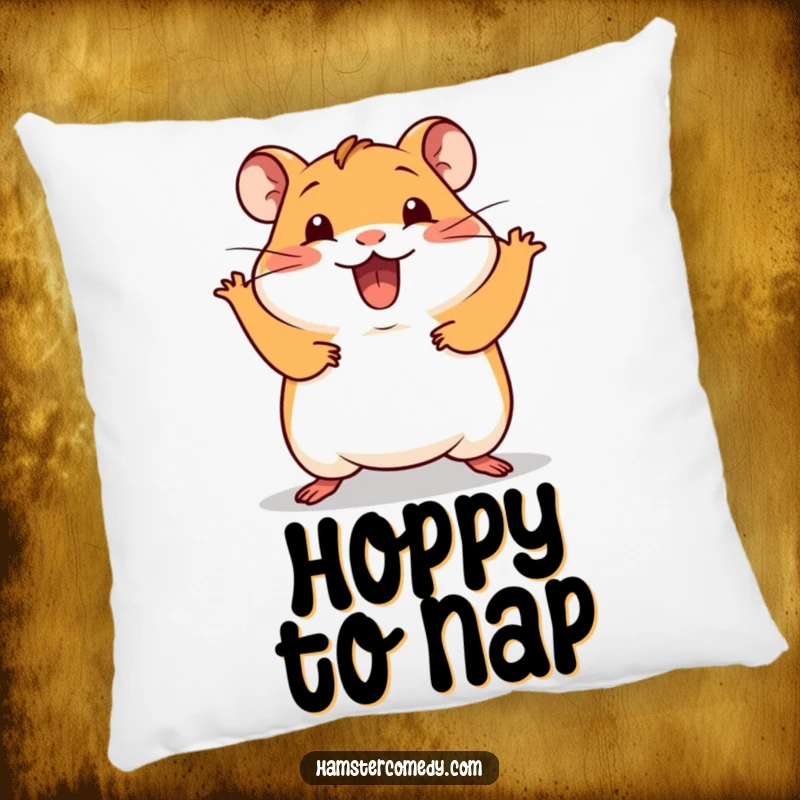 Funny Kawaii Hamster Pillow with a cute hamster doing a silly hop with excitement, offering comfort and humor for living spaces.